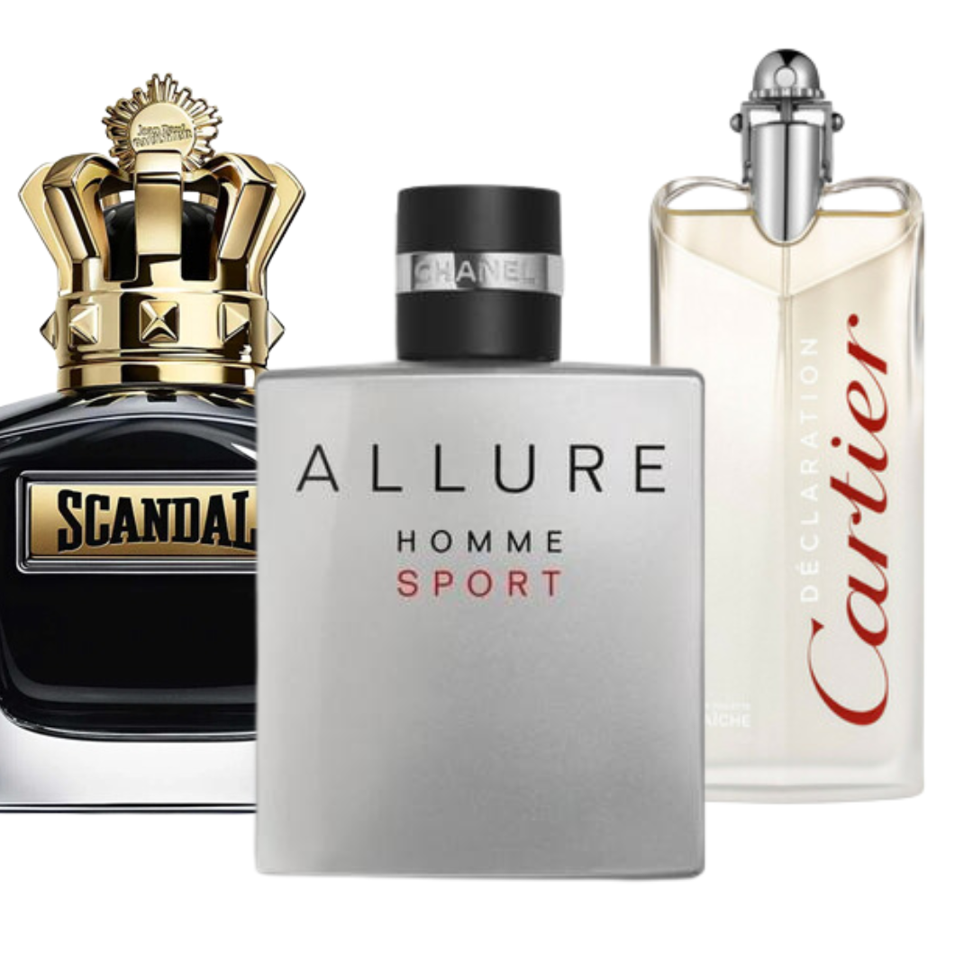 BLACK FRIDAY Combo de 3 Perfumes: Jean Paul Gaultier Scandal, Allure Homme Deporte y Cartier Declaration - 100ml